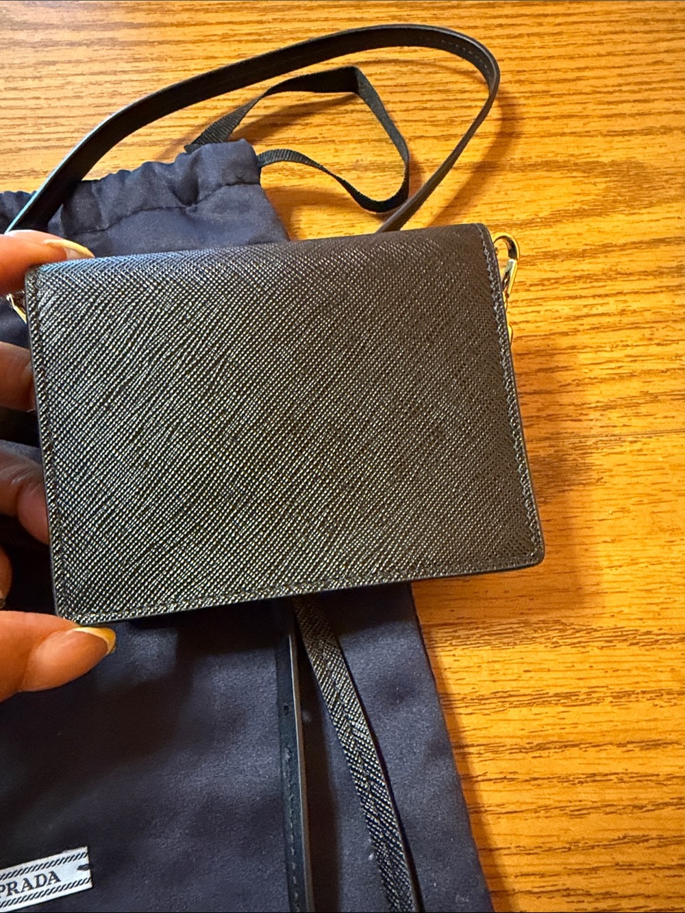 Prada Black Leather Crossbody Wallet with Gold Logo card holder on chain so cute - Picture 5 of 11